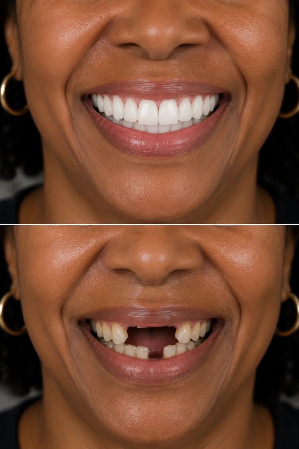 Resultado antes e depois de reabilitação do sorriso
